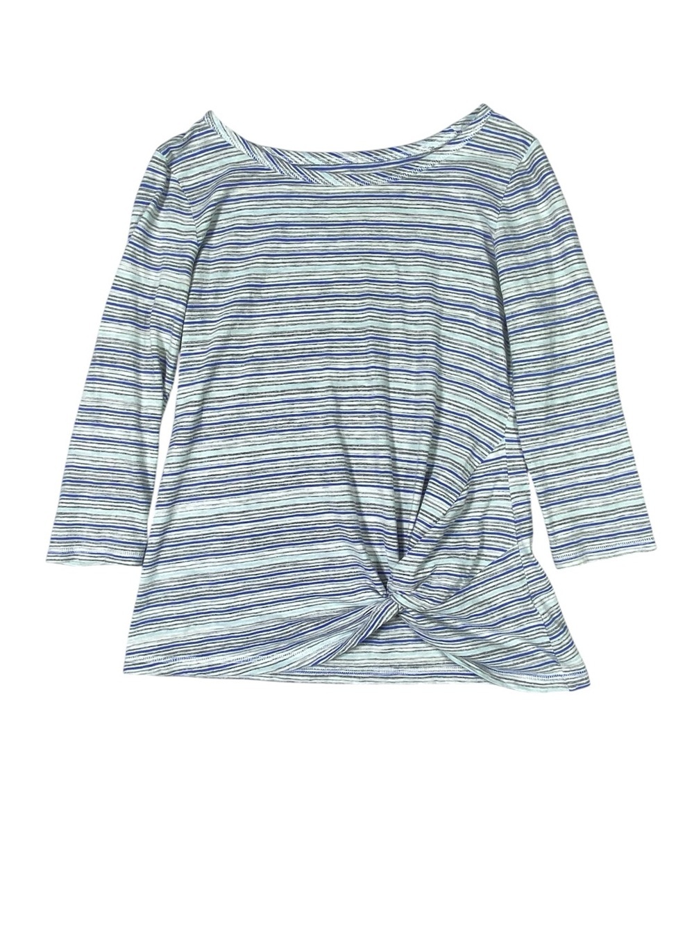 T by Talbots Striped Jersey T-Shirt Women's SP Blue Gray 3/4 Sleeve Twisted Hem